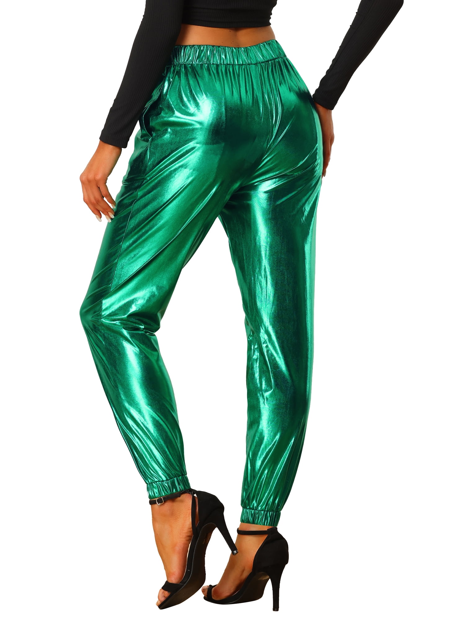 DARING DIVA Women's Sparkle Shiny High Waist Metallic Jogger Pants M Green