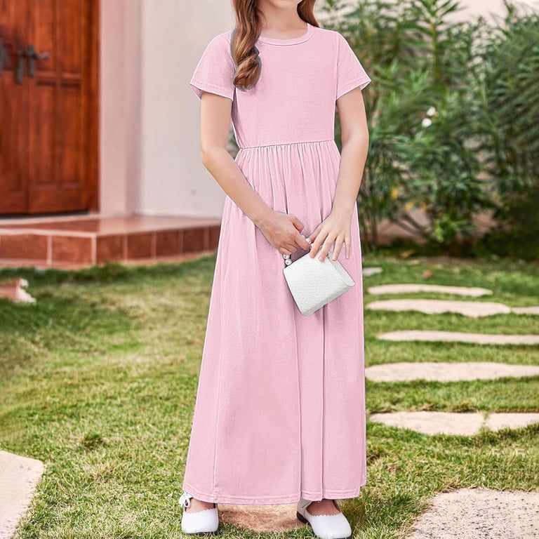 Annhoo Girls Summer Long Dresses Crew Neck Short Sleeve A-Line Casual Comfy Loose  Cute Dress with Pockets 4-14 Years - Walmart.com