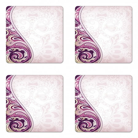 

Floral Coaster Set of 4 Swirled Curved Petals Motif Oriental Design Square Hardboard Gloss Coasters Standard Size Pale Pink Fuchsia Plum by Ambesonne
