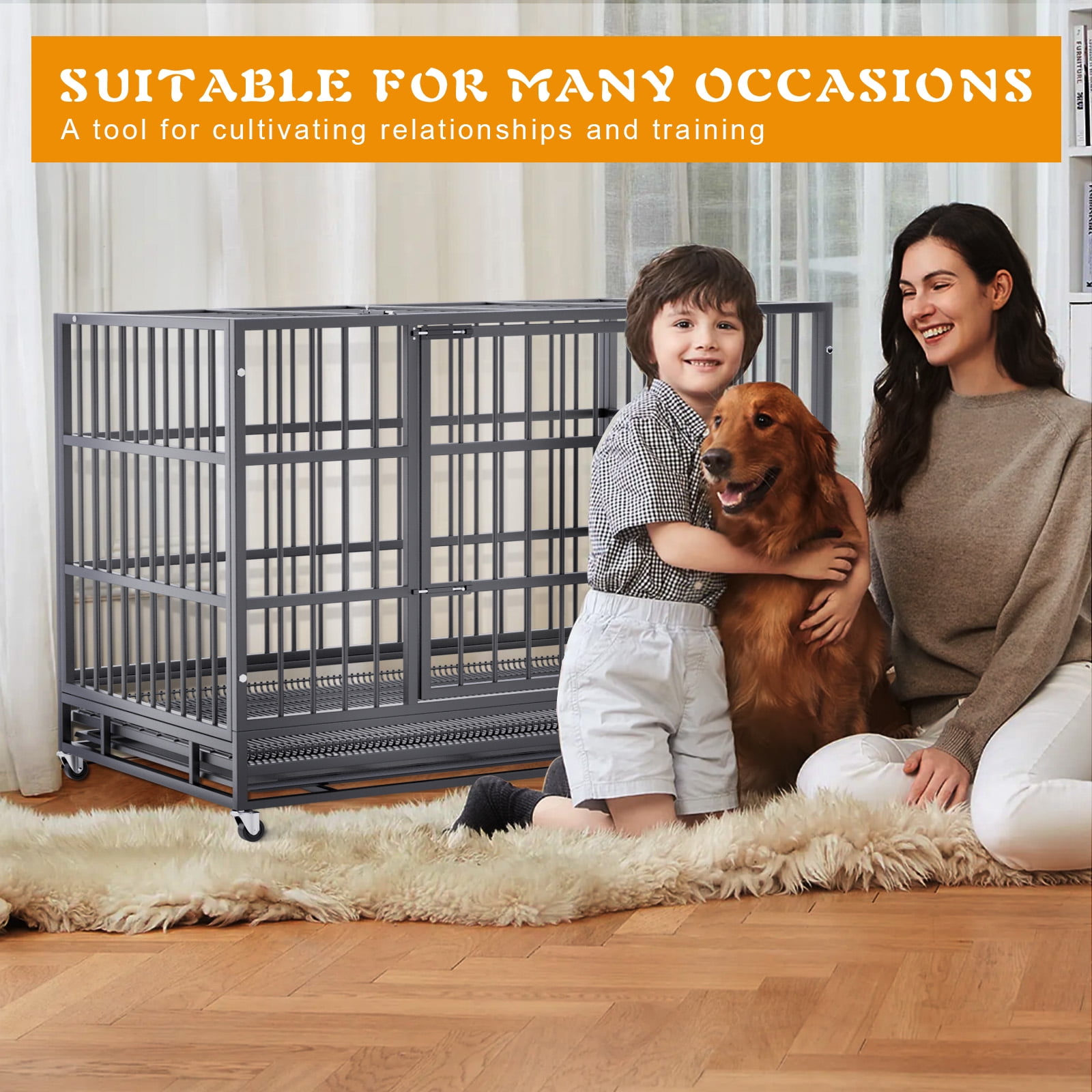 Waleaf 38 Inch Heavy Duty Dog Crate Cage with Wheels for Indoor, Large Dog Kennel with Removable Tray