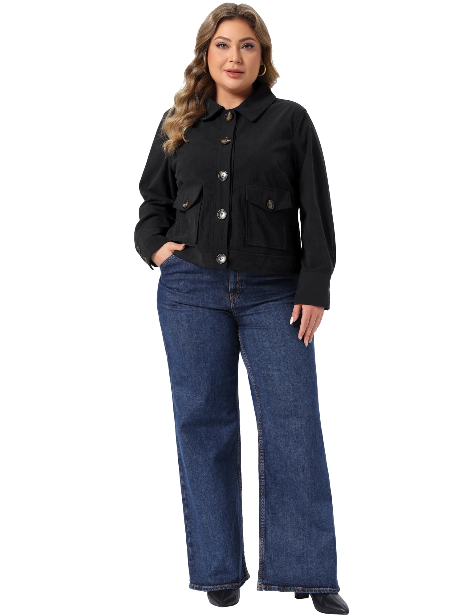 DARING DIVA Women's Plus Corduroy Long Sleeve Button Pockets Jacket 4X Black