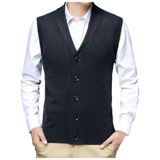 Men's Sweater Vest for Autumn and Winter with V-Neck and Buckle Pure Color Wool Collarless Knit Sleeveless Vest for Layering Classic Non-Hooded Design Versatile Middle Layer