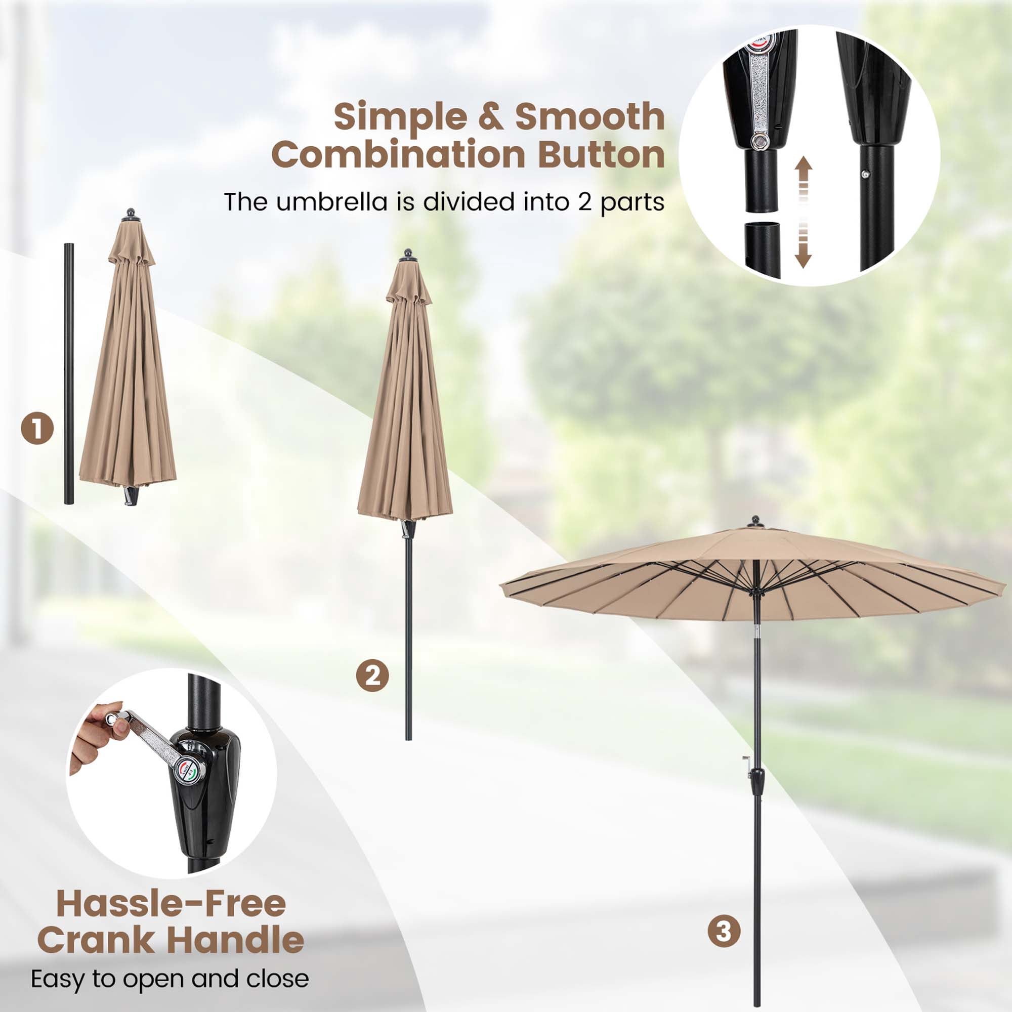 Costway 9 FT Patio Round Market Umbrella with Push Button Tilt, Crank Handle, Vented Top Tan