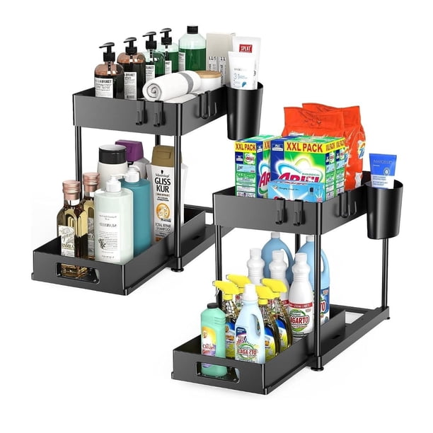 2 Organizadores Debajo del Fregadero Con Cajón Extraíble, Accesorios para Baño, Estante de Almacenamiento Con 4 Ganchos para Baño y Cocina