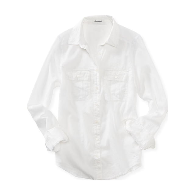 Aeropostale Camisa transparente con botones para mujer, blanca, mediana