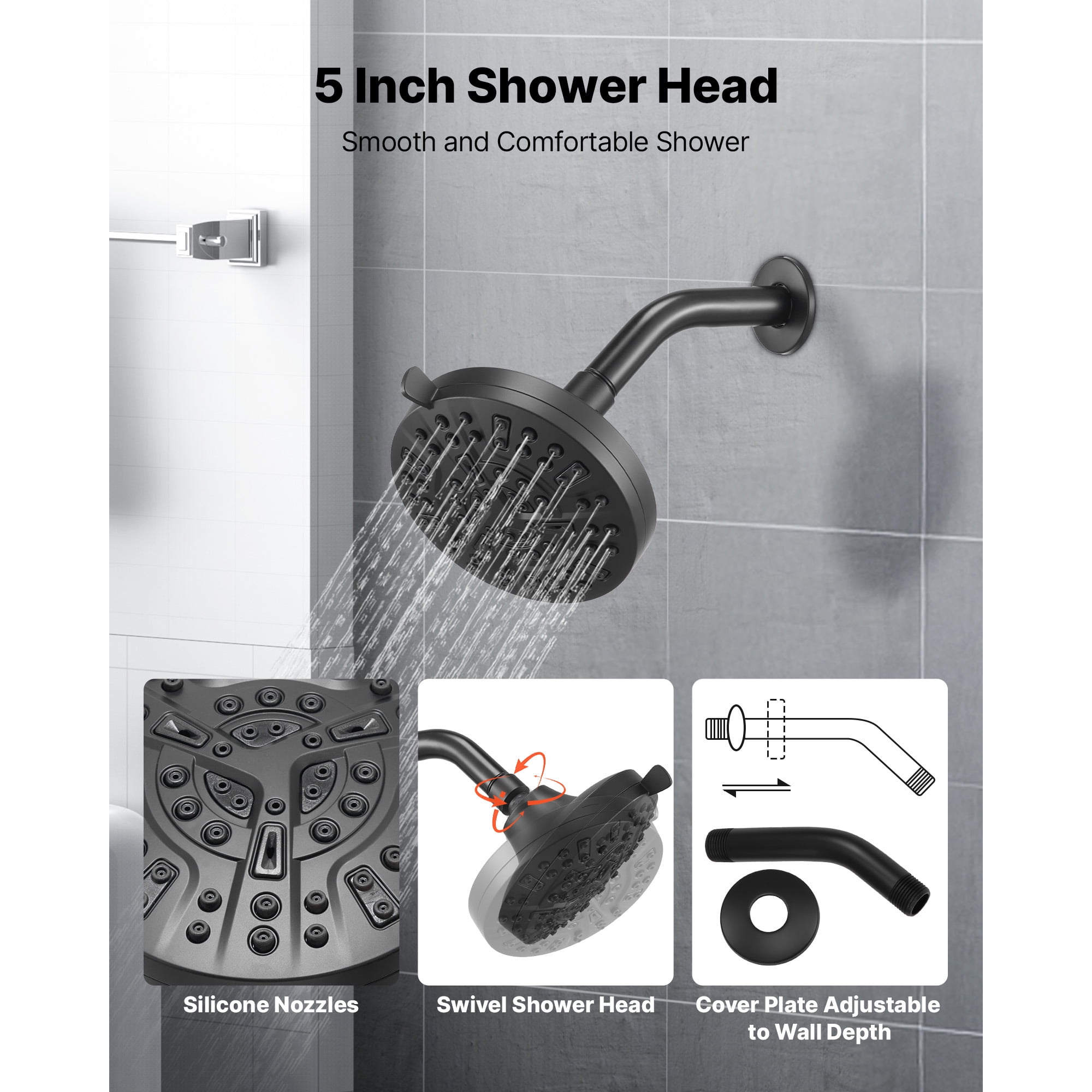 KFFKFF Tub and Shower Faucet Set with 5-Inch Rainfall Shower Head, Bathtub Spout, 8-Spray Adjustable Settings, Single-Handle Trim Kit, and Brass Pressure Balance Valve, Matte Black Finish