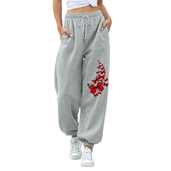 FINALGANG Womens Butterfly Print Jogger Sweatpants With Drawstring Elastic Waist Elastic Hem For Casual Daily Wear Loungewear Street Style Outings Classic Trousers
