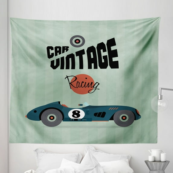 Cars Tapestry, Classical Vintage Car Poster Racing Sports Competition Theme, Fabric Wall Hanging Decor for Bedroom Living Room Dorm, 5 Sizes, Reseda Green Petrol Blue, by Ambesonne