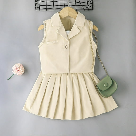 LFEOOST Toddler Girl Skirt Set with Jacket Sleeveless Blazer Vest Solid Crop Top Kids Pleated Skirt Outfit Summer Clothes (Beige, 7Y)