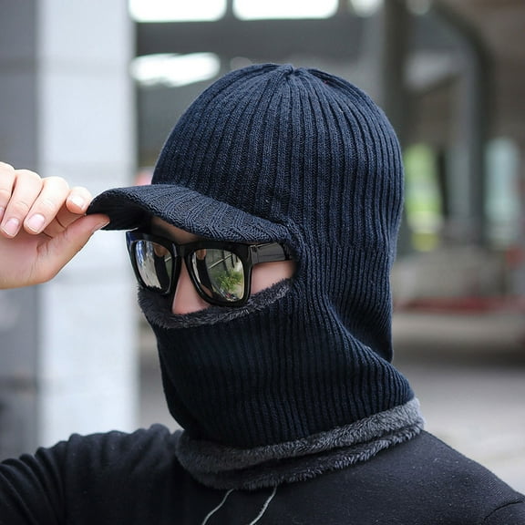 Dyfzdhu Men Warm Beanie Winter Thicken Hat Scarf Two-Piece Knit Windproof Cap Blue