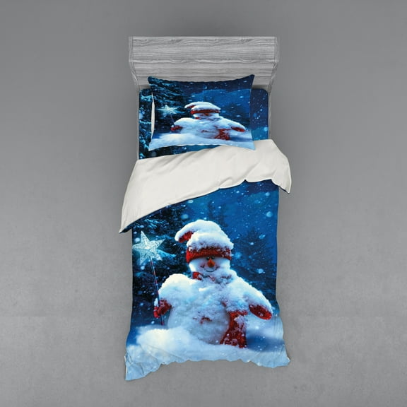 Ambesonne Christmas Bedding Set 3 Pcs, Snowman Magic Wand, Twin, Navy Blue Red White