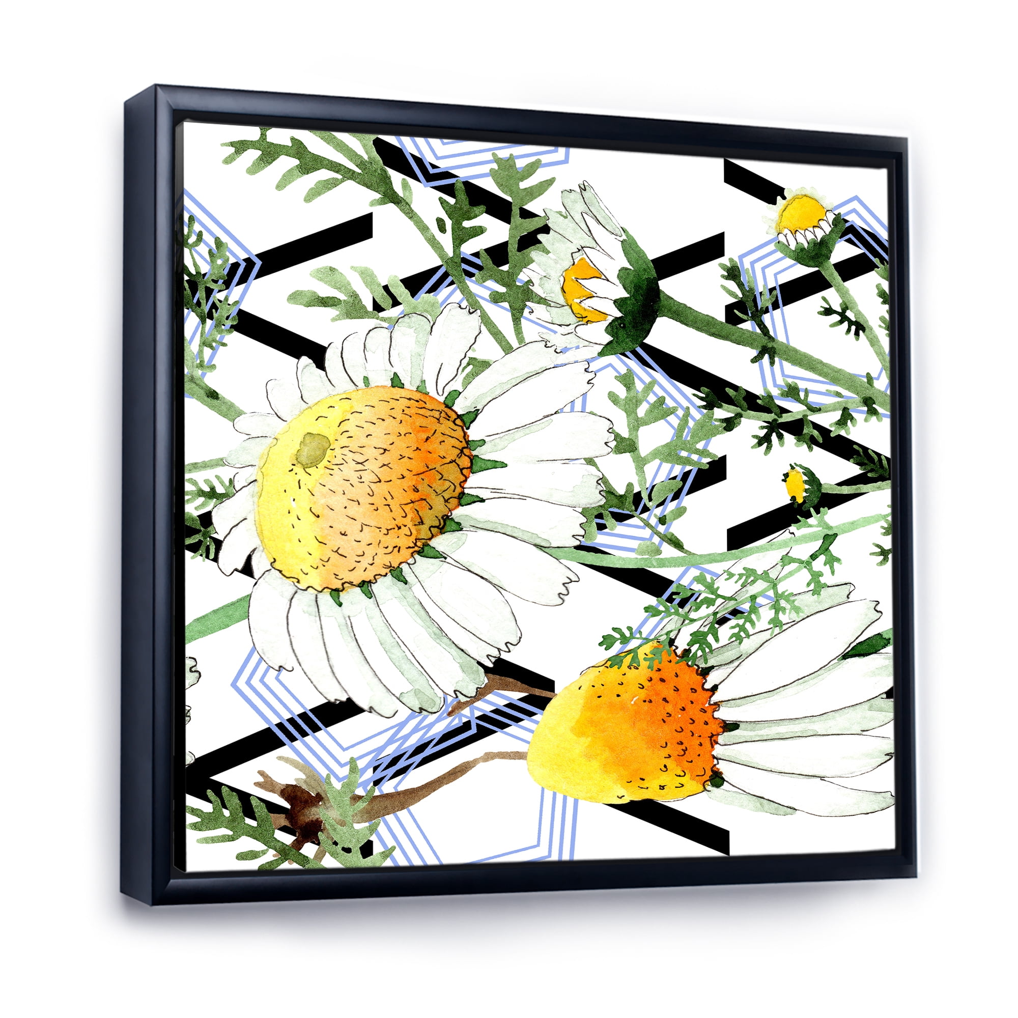 Designart 'Wild Spring Chamomile Flowers On Geometric Lines' Traditional Framed Canvas Wall Art Print