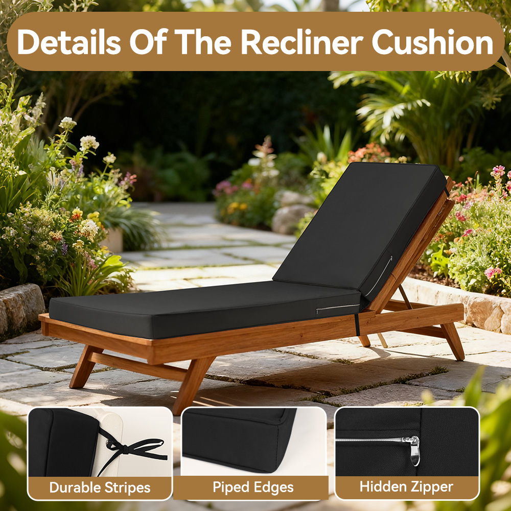 ROFIELTY 72 x 21 Inch Outdoor Chaise Lounge Cushion, 3" Thick Double-Sided Waterproof UV Resistant, Replacement Pad with Secure Ties & Hidden Zipper, for Poolside Beach Backyard, Black