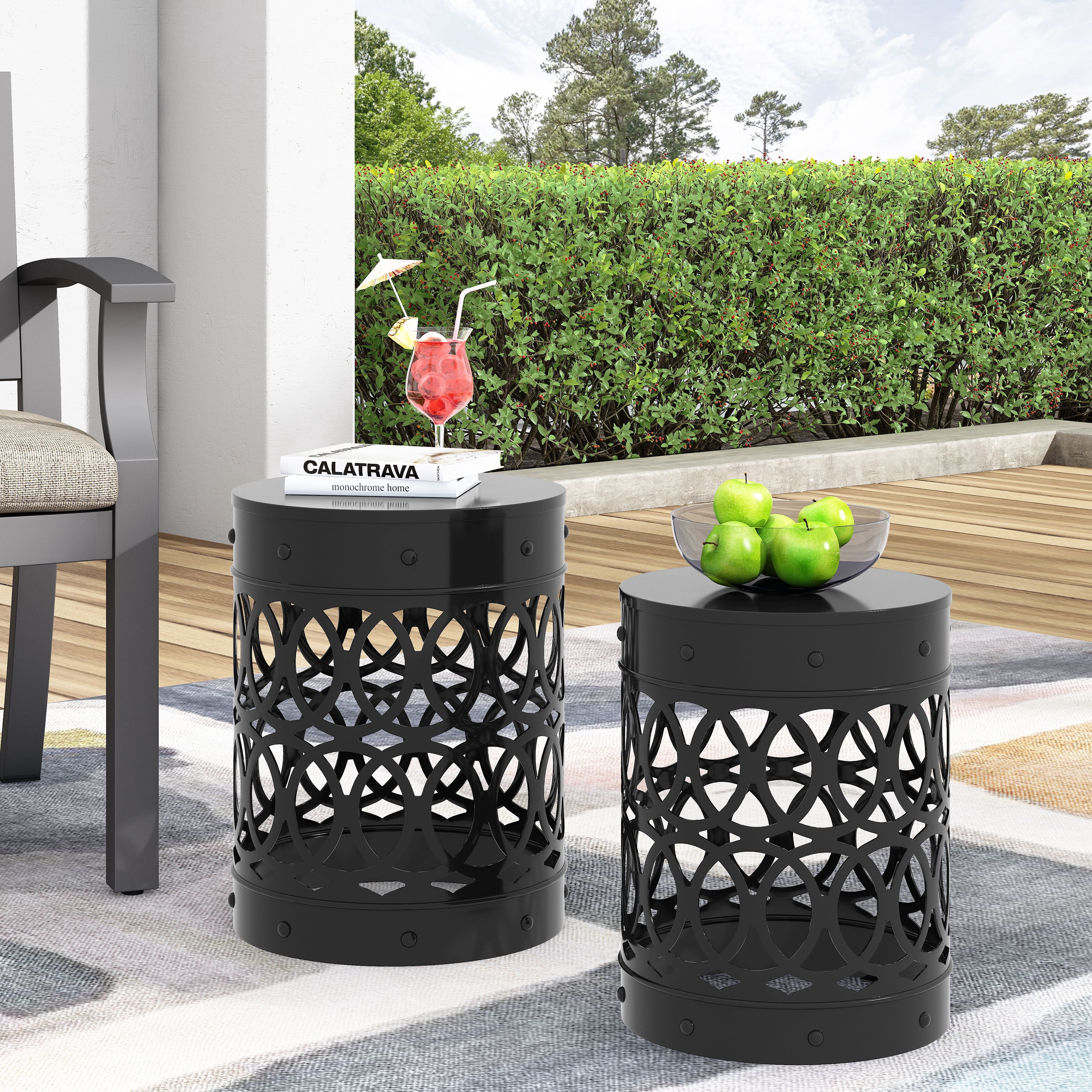 Mintazer Outdoor Side Table Set of 2, Modern Iron Cut PatioTable with Overlapping Circle Pattern, Black