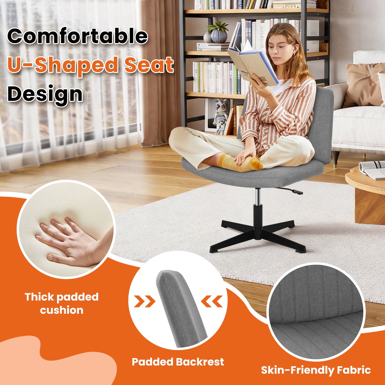 Dkelincs Criss Cross Chair Adjustable Wide Computer Desk Chair Armless Vanity Chair Modern Task Chair No Wheels, Gray