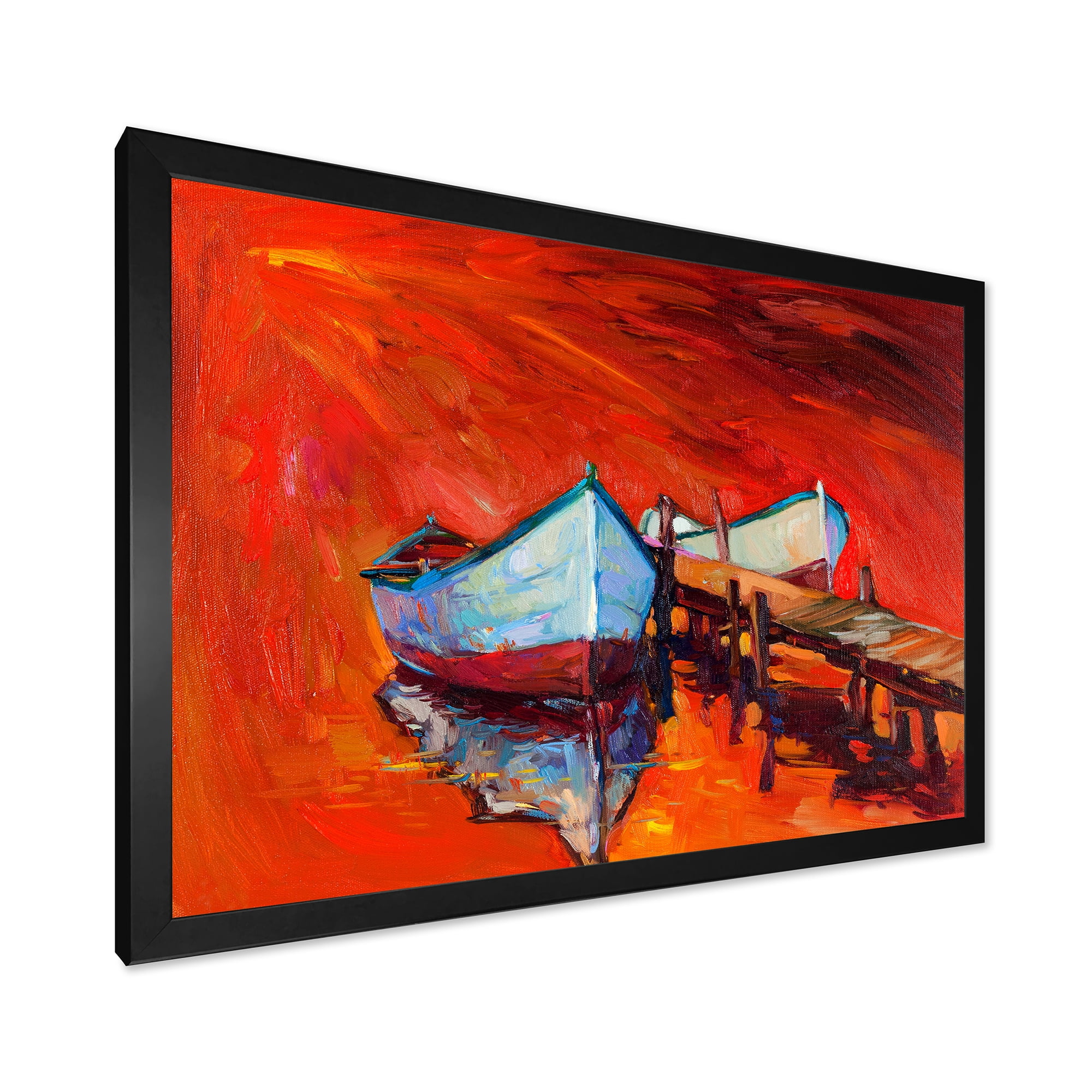 Designart 'Boats Near Coastal Town Resting On The Water IV' Nautical & Coastal Framed Art Print