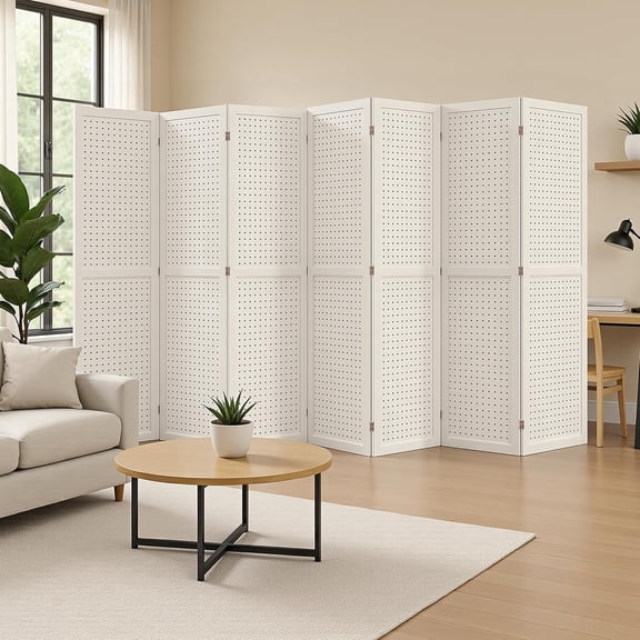 Room Divider 8 Panel 5.6FT Partition Room Dividers Freestanding Peg Board Room Divider Wooden Privacy Screen with Peg Board Display for Apartment and Office, White