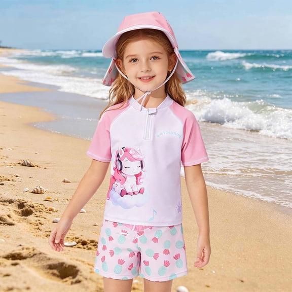 Ulitacool 5-6 Years Girl Swimsuit Three Piece Swimwear Upf 50 Sunsuit With Ruffle Bikini Top And Bottoms For Beach And Pool Play Simple Clothes Pink