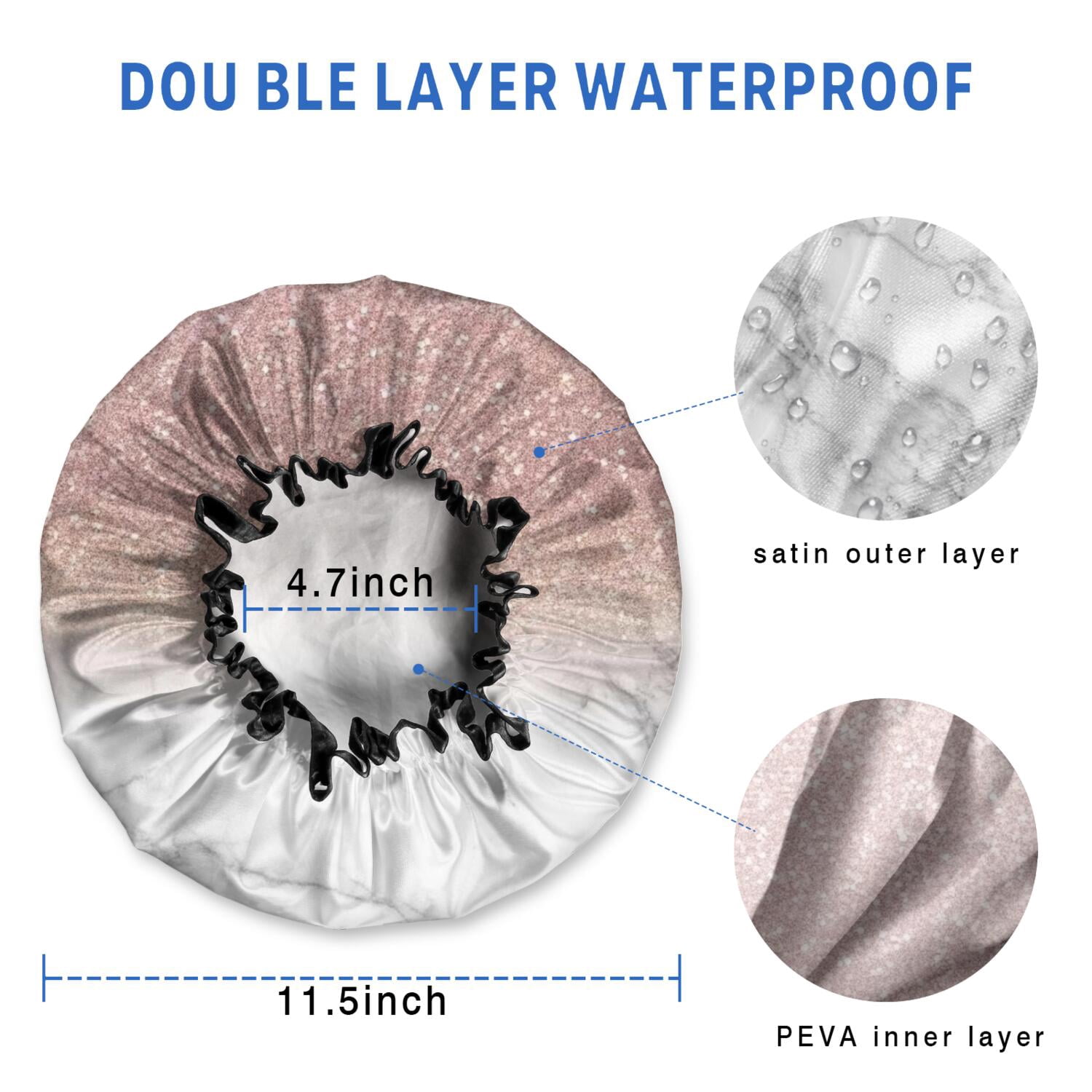 Shower Caps,Pink Glitter White Marble Pattern Waterproof Shower Cap for Women 4 Pieces,Double Reusable Hair Cover for Shower PEVA Elastic Stretch Hem