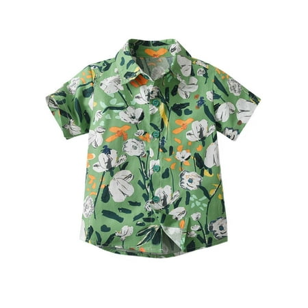 

Geire Boys Girls Summer Beachwear Shirts Hawaiian Printed Short Sleeve Tops Turndown Collar Botton Loose T-Shirts Relaxed Fit