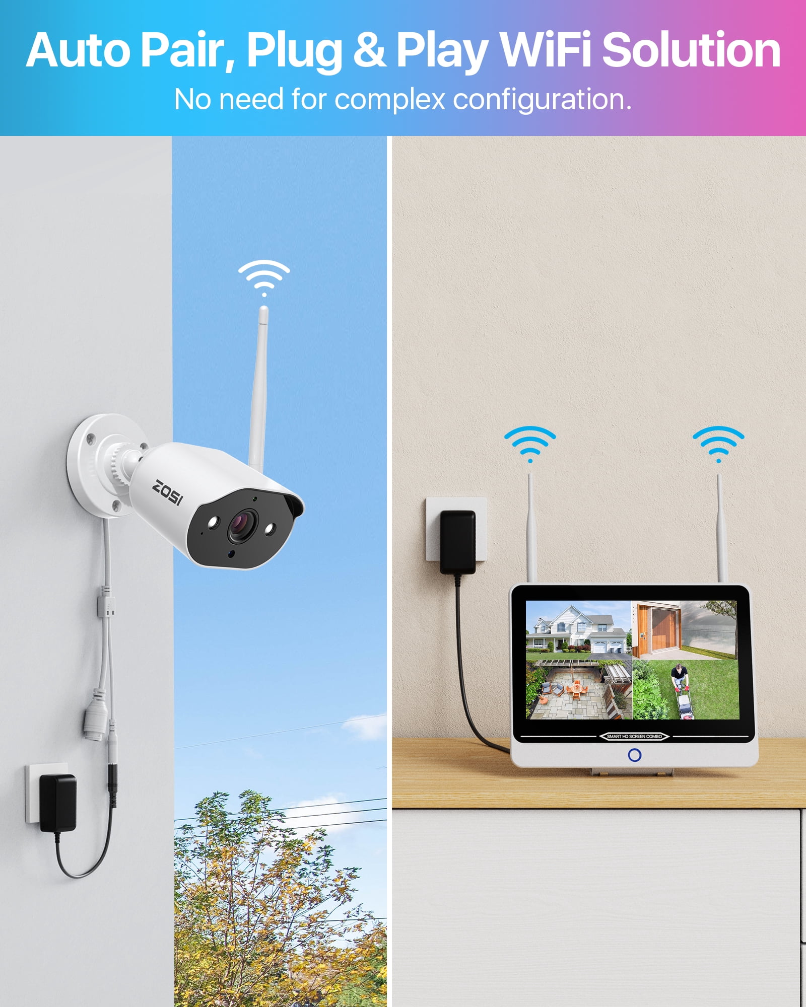 3MP WiFi Security Camera System with 12" LCD Monitor, ZOSI All in one Wireless Security Camera System, 2K Outdoor Wifi Cameras, 2 Way Audio, 100ft Night Vision, 2TB for Home Business 24/7 Recording