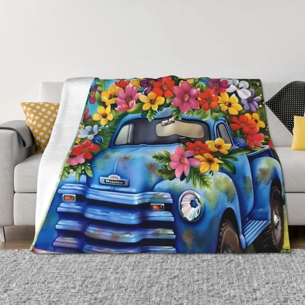 Balery Floral Truck Welcome Manta de Franela con Dibujo, Lujo Ultra Suave y Cálido, Antipelusa y Resistente a las Arrugas para Cama, Sofá, Camping -50"x40"