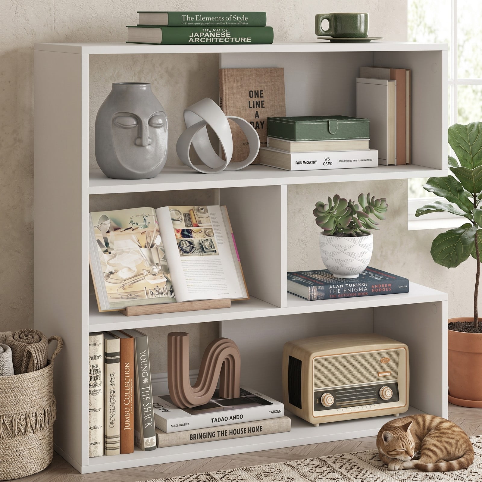 Furnibear Concave Geometric Bookshelf, 3-Tier Open Bookcase with Anti-Tipping Kit for Living Room Bedroom Study Office, Freestanding Display Storage Shelf Unit, White