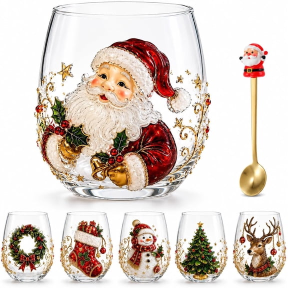 3D Christmas Glass Art Cup, Christmas Cups Stemless Wine Glasses Holiday Glassware, Xmas Party Home Festive Decor Gifts