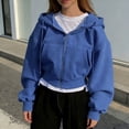 thumbnail image 2 of SNKSDGM Women Solid Cropped Full Zip Up Hoodie Jacket, Oversized Long Sleeve Drawstring Sweatshirt With Patch Pockets Casual Street Outer Tops Blue M, 2 of 5
