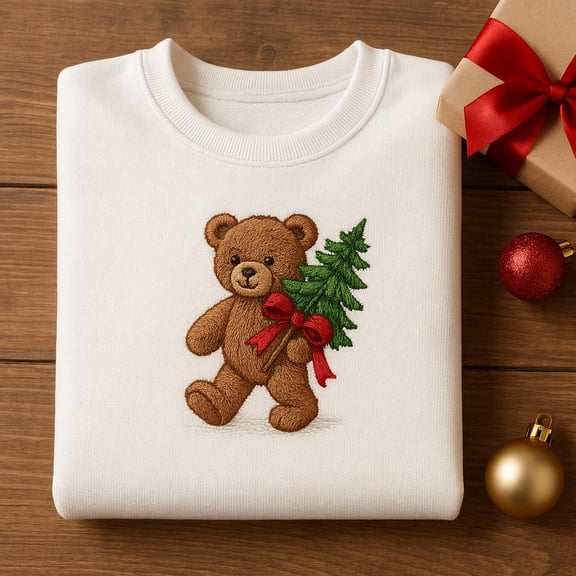 Embroidered Walking Teddy Bear Sweatshirt, Bear Holding Christmas Tree with Red Bow, Cute Holiday Bear Lover Gift