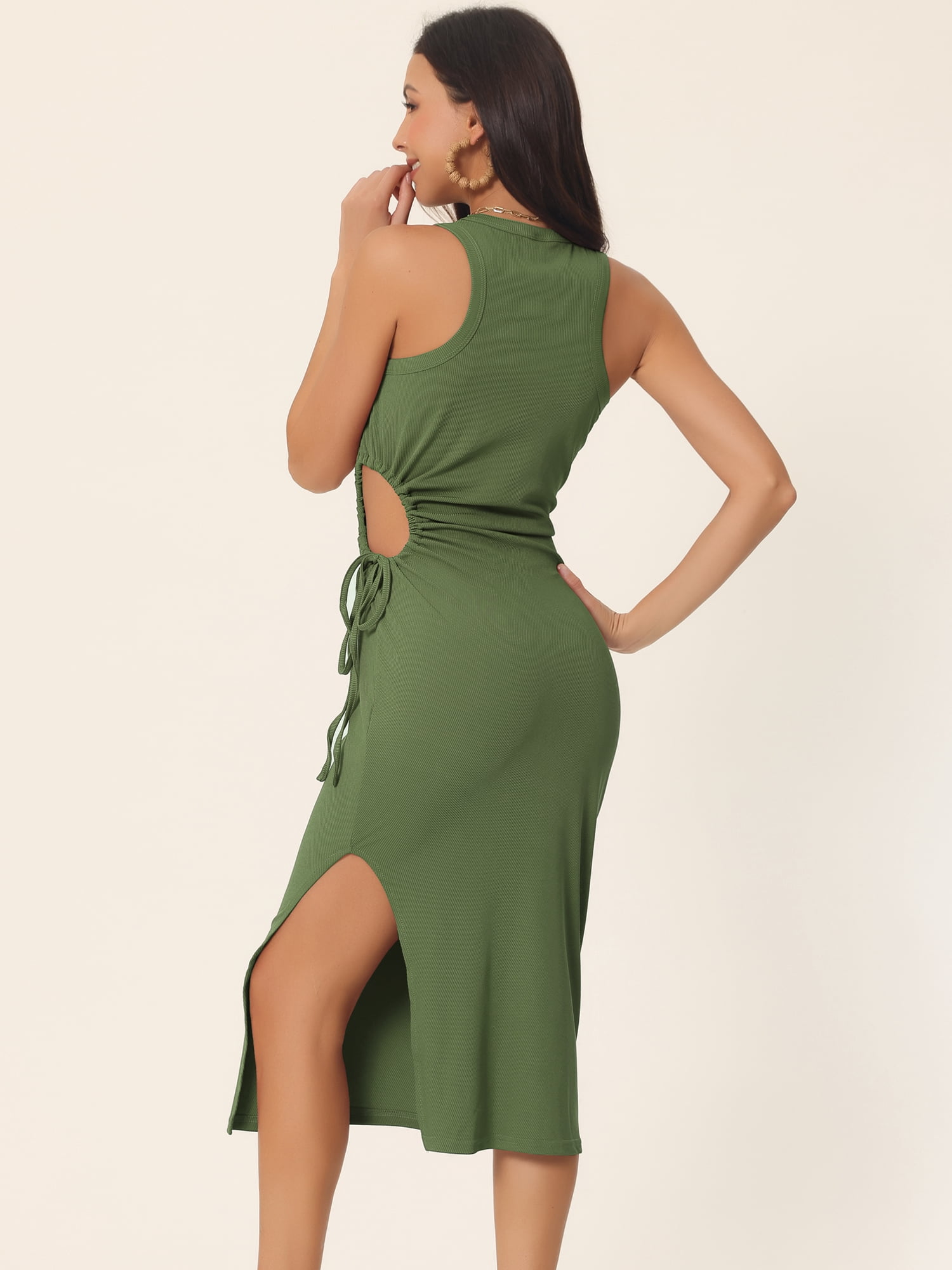 Unique Bargains Women's Sleeveless Crewneck Waist Cut Out Split Tank Ribbed Bodycon Dress XL Army Green