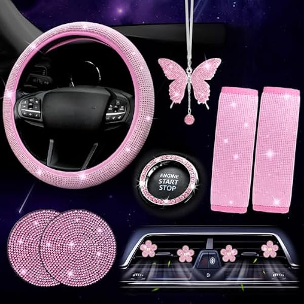 wonima02 11 PCS Bling Car Accessories Set for Women Steering Wheel Covers Butterfly Hanging Seat Belt Cover Air Vent Clips Coasters Cute Glitter Diamond AUTO Accessories Kit (Pink)