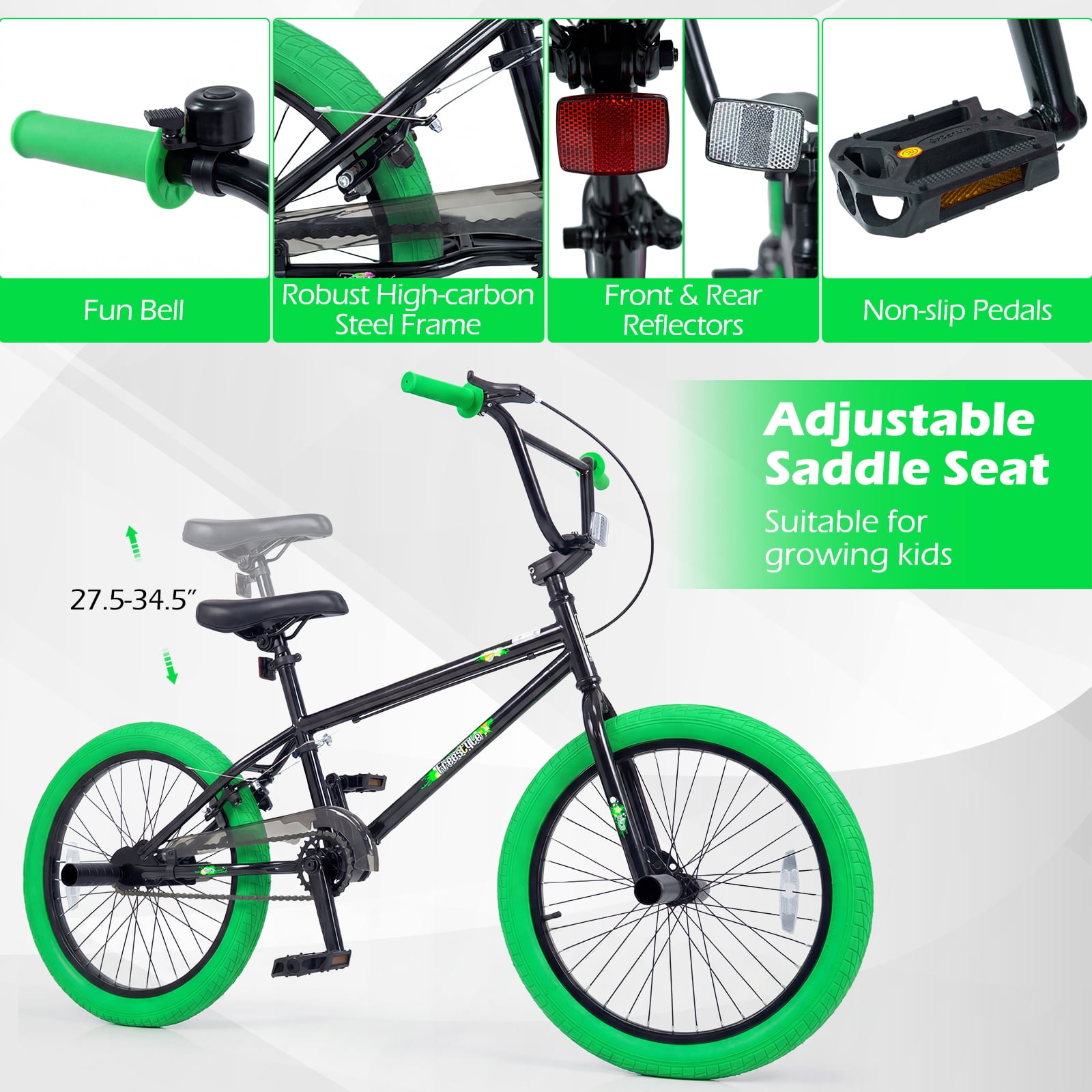 MULTIGOT Freestyle BMX Bike, 20" Trick Bicycle w/ 270° Steering, Adjustable Seat Green