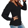 thumbnail image 1 of Tops Casuales de Larga con Cuello en V para Mujer, Camisetas Holgadas de y Otoño Negro L, 1 of 8