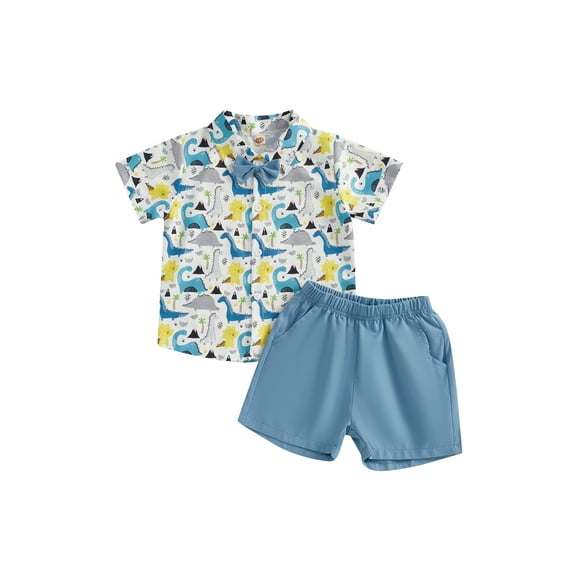 Kids Little Boys Shorts Clothing Set, 3 4 5 6 7 Years Short Sleeve Bow Tie Dinosaur Print Shirt with Shorts Toddler Set Summer Outfit