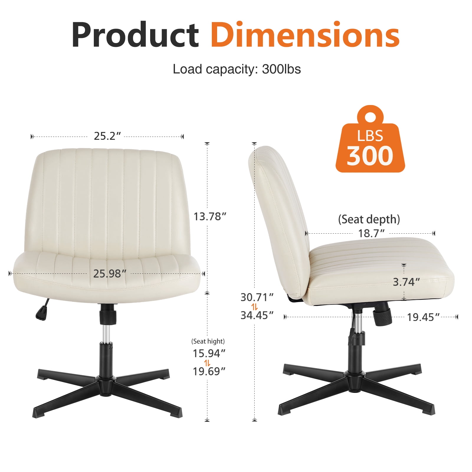 MCQ  Criss Cross Chair Legged Office Wide Comfy Desk Leather Seat, Armless Computer  Seating, Height Adjustable, for Family Bedroom, Biege