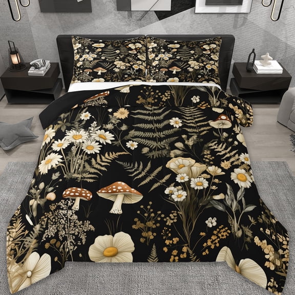 jejeloiu Cartoon Mushroom Bedding Comforter Set,Cute Flower Floral Twin Comforter Sets,Wild Botanical Leaves Bedding Set For Girls Kids,Super Cozy Room Decoration Reversible,2 Pieces
