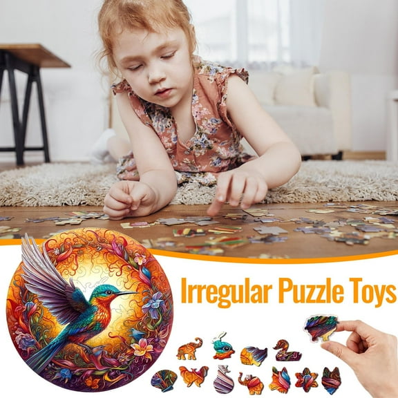 14/21/28cm Wooden Bird Puzzle, Unique Modern Hummingbird Puzzle for Adults, Round Bird Puzzle with Flower, Durable Wooden Jigsaw Puzzles Gift for Office Home Games and Decoration