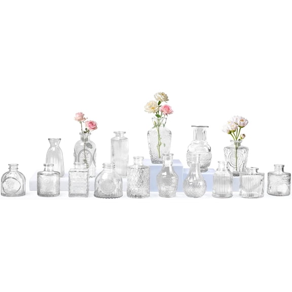 Glass Bud Vase Set of 16, Small Vases for Flowers, Mini Vintage Vase for Centerpieces, Clear Flower Vases for Wedding, Table, Party, Home Decor