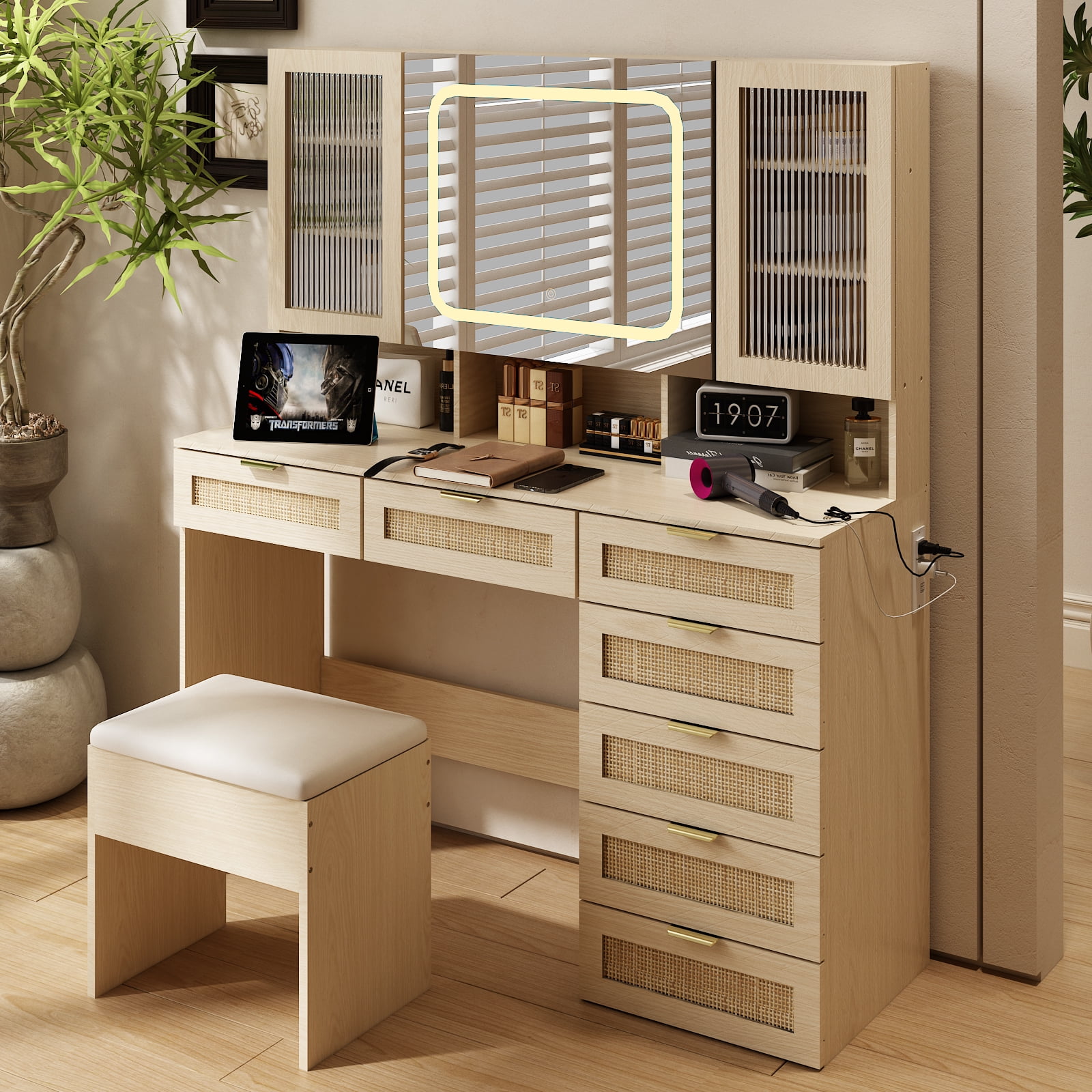 Ktaxon Large 47.24" Makeup Vanity Table Set with Hidden Storage, 7-Drawer Dressing Table, Bedroom Makeup Table, Natural