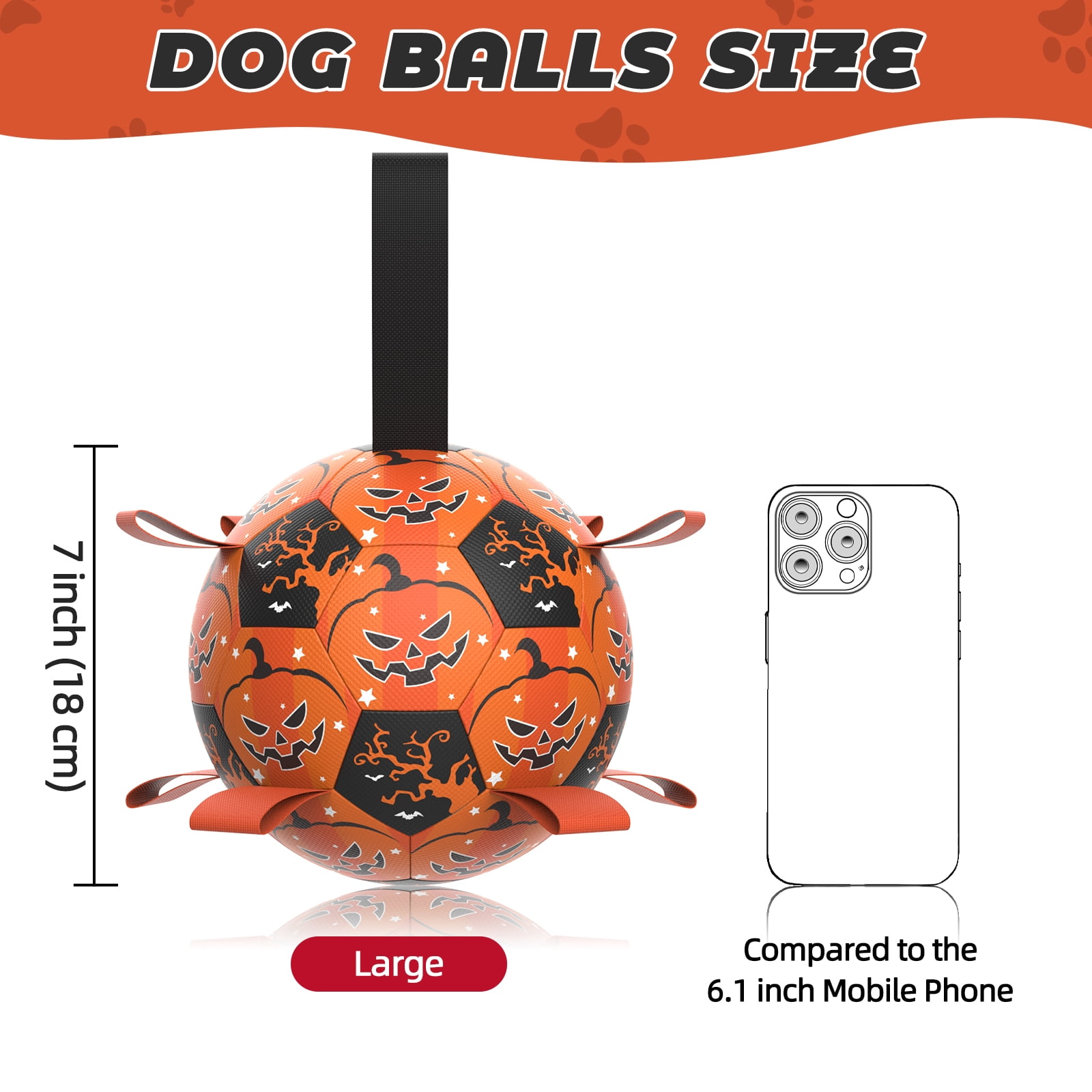 QDAN Halloween Dog Toys Soccer Ball with Straps, Interactive Dog Toys for Small Medium Large Dogs, Orange & Black, 7inch