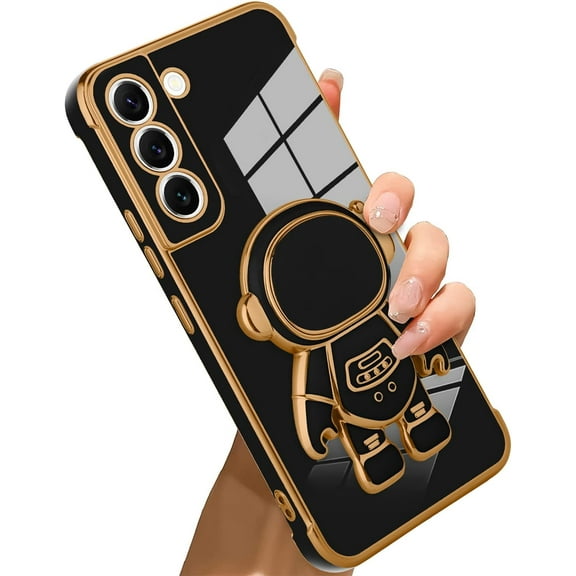 Compatible with Samsung Galaxy S22 Case Astronaut Plating Electroplate Luxury Elegant Case Camera Protector Kickstand Shockproof Protective Corner Back Cover Galaxy S22 Case -Black