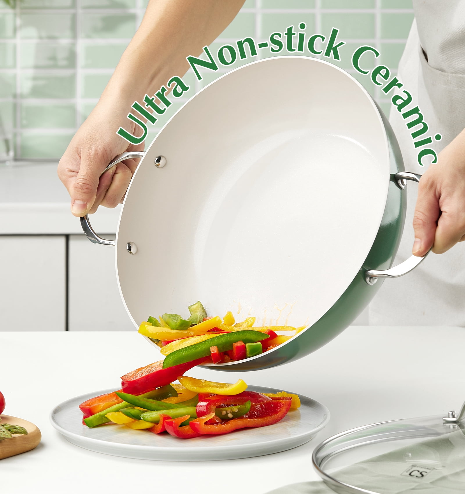 Koch Systeme CS 6QT Non-Stick Deep Frying Pan with Lid, Saute Pan with Aluminum Ceramic Coating, Dishwasher and Oven Safe, Green
