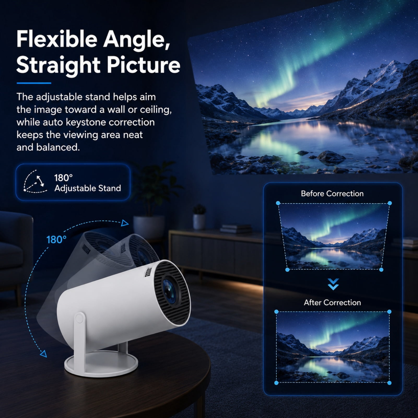 Simplifytech Cinex Mini Projector, Bluetooth 5.4 and Wifi 6 Capabilities, Flexible 180° Projection and Automatic Image Calibration, HD Input Support with Built-In Audio, Suitable for Indoor Use
