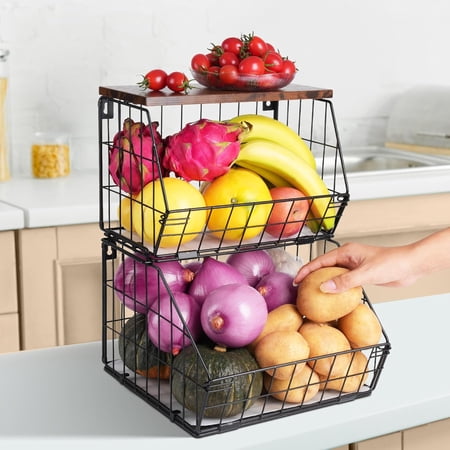 2 Tier Stackable Wall Mounted Hanging Basket, Fruit Basket for Kitchen Counter, Wire Baskets with Wood Lid, Onion Basket, Fruit and Vegetable Storage, Countertop Organizer