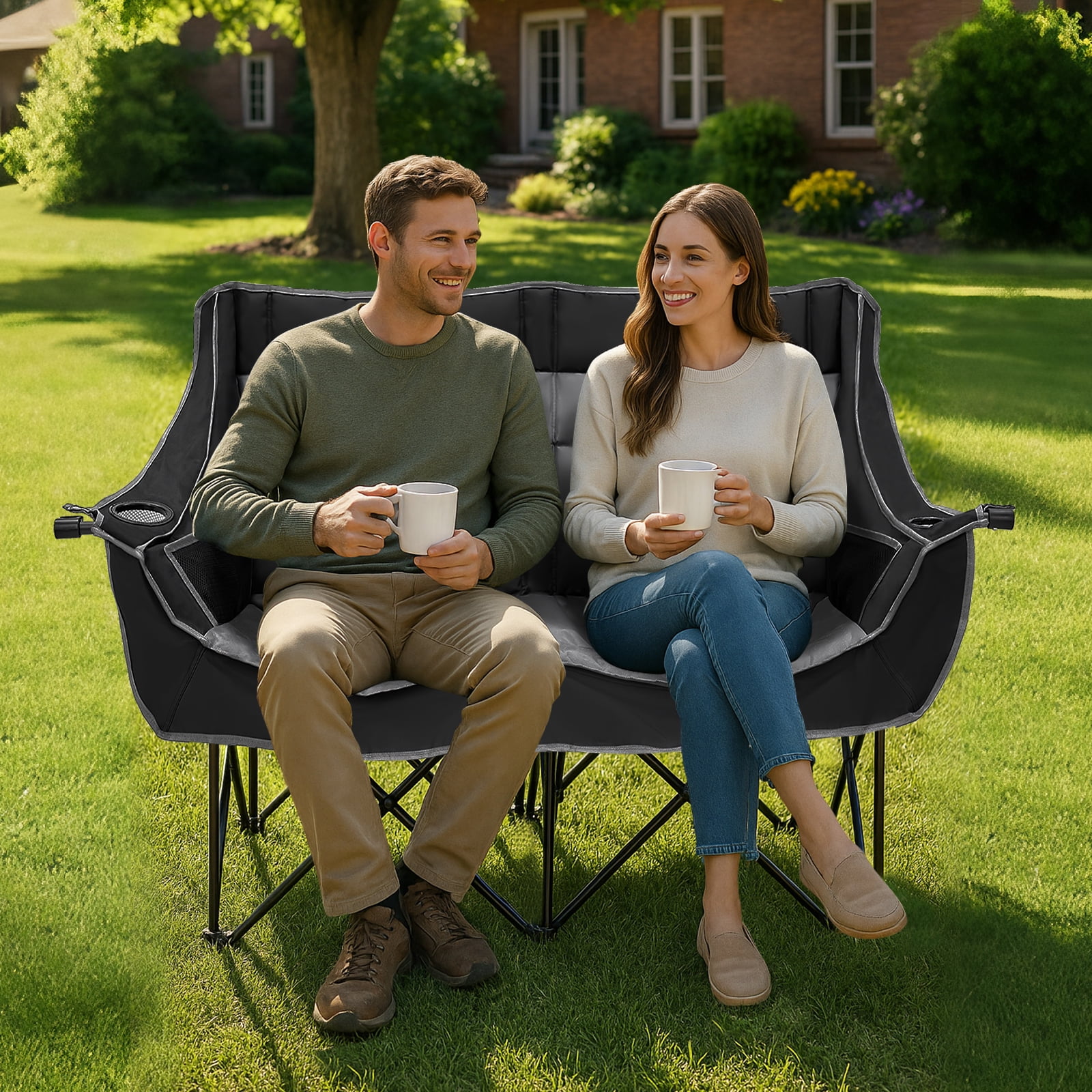 ABORON Oversized Double Camping Chair, Folding 2 Person Camping Chair Loveseat, Fully Padded Duo Chair Camping Couch, Portable Double Camp Chair, Lawn Chairs, Camping Bench with Carrying Bag