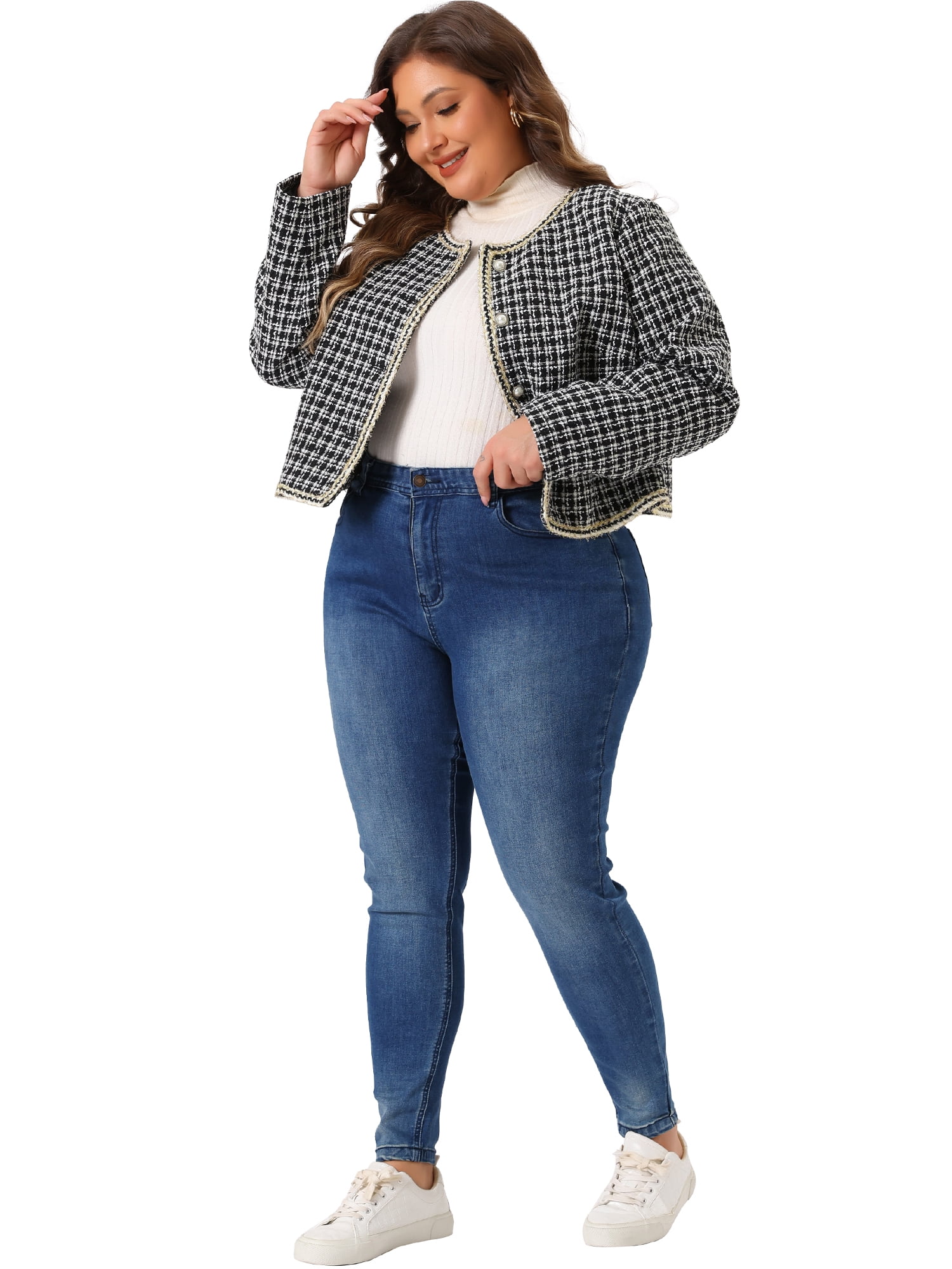 DARING DIVA Plus Size Plaid Tweed Blazer Collarless Open Front Jacket 3X Black