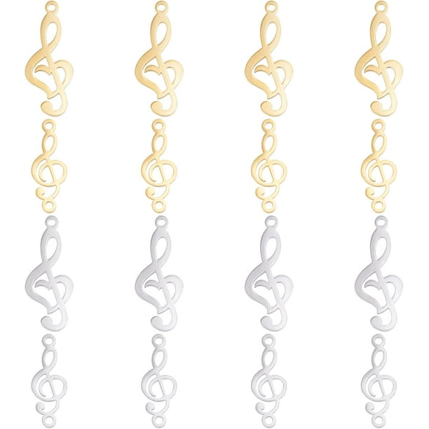 16 piezas de eslabones y colgantes de clave de sol en 2 colores, de acero inoxidable 201. Colgantes con notas musicales de unión suave para la creación de joyas.