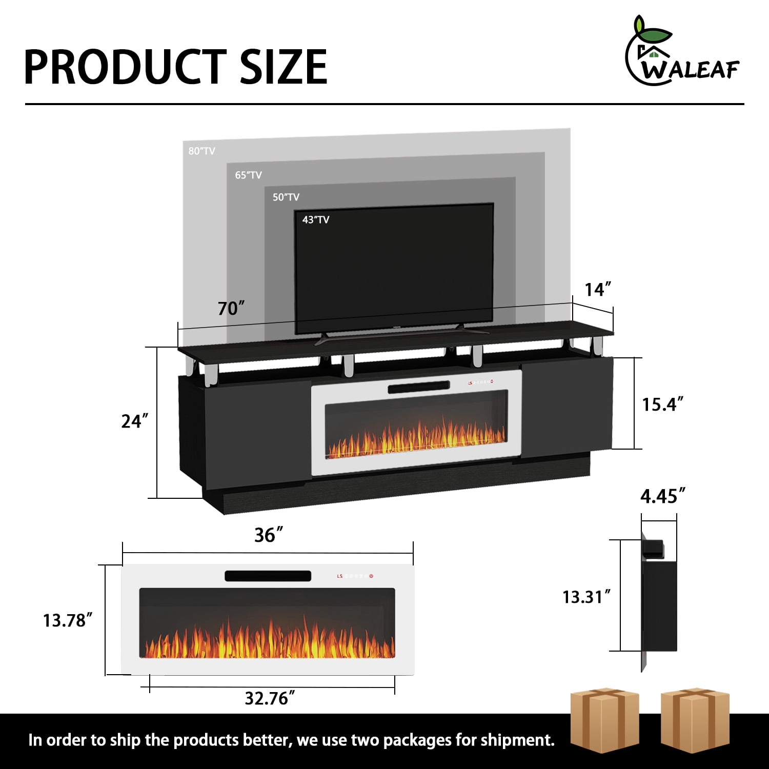 Waleaf 70" Modern Fireplace TV Stand with 36" Fireplace for TVs Up to 80", 2 Tier TV Console Stand for Living Room