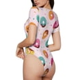 thumbnail image 3 of Daiia Colorful Donuts print Women's Crew Neck Short Sleeve Bodysuit Fashion Tops Fit Casual Basic Extender Bodysuit-Small, 3 of 9